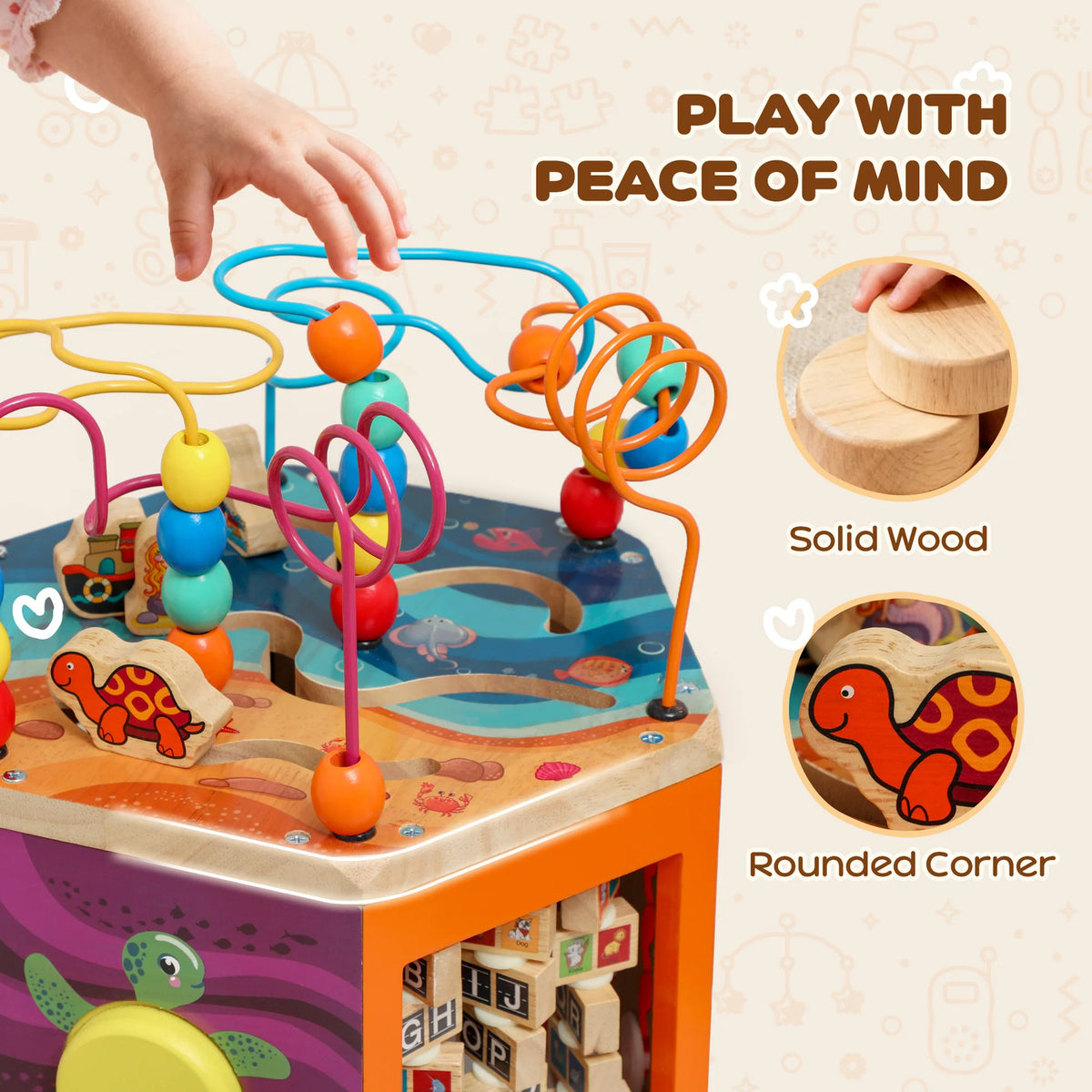 AIYAPLAY Wooden Activity Cube, Baby Toys with Bead Maze, Pattern Sorter for