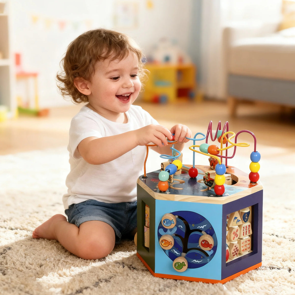 AIYAPLAY Wooden Activity Cube, Baby Toys with Bead Maze, Pattern Sorter for
