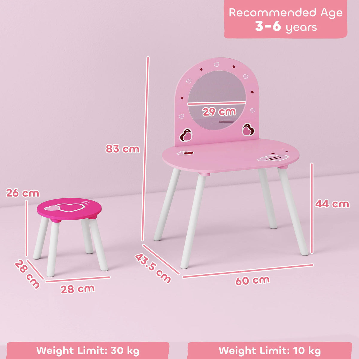 AIYAPLAY Kids Dressing Table with Mirror and Stool, Girls Vanity Set for Kids