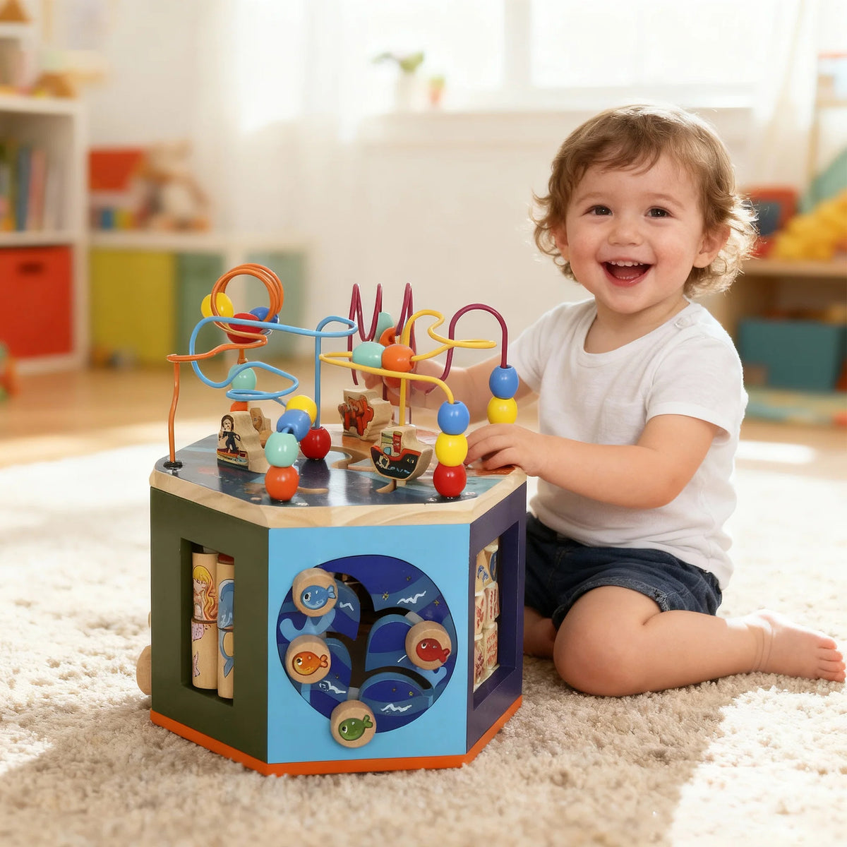 AIYAPLAY Wooden Activity Cube, Baby Toys with Bead Maze, Pattern Sorter for