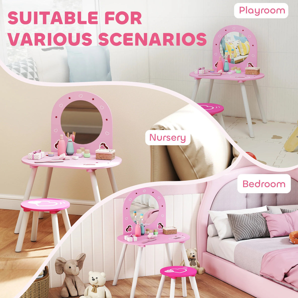AIYAPLAY Kids Dressing Table with Mirror and Stool, Girls Vanity Set for Kids