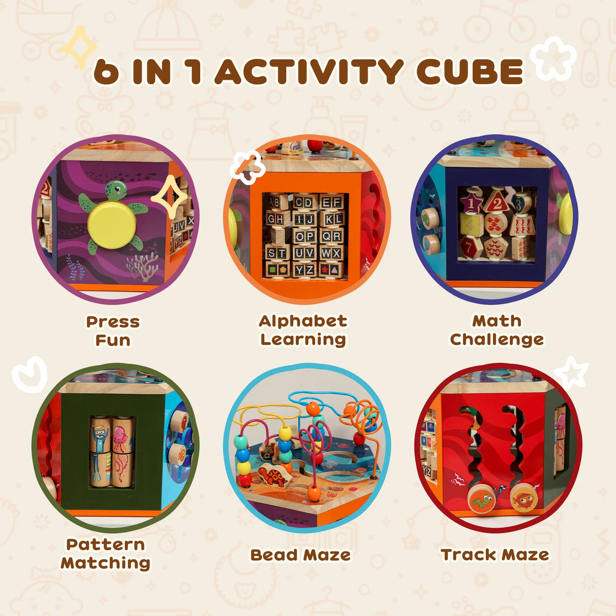AIYAPLAY Wooden Activity Cube, Baby Toys with Bead Maze, Pattern Sorter for