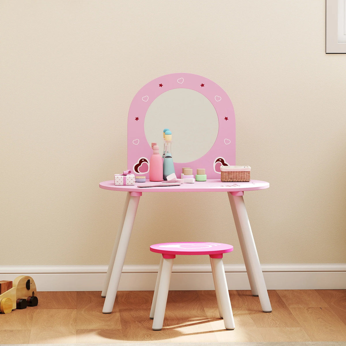 AIYAPLAY Kids Dressing Table with Mirror and Stool, Girls Vanity Set for Kids