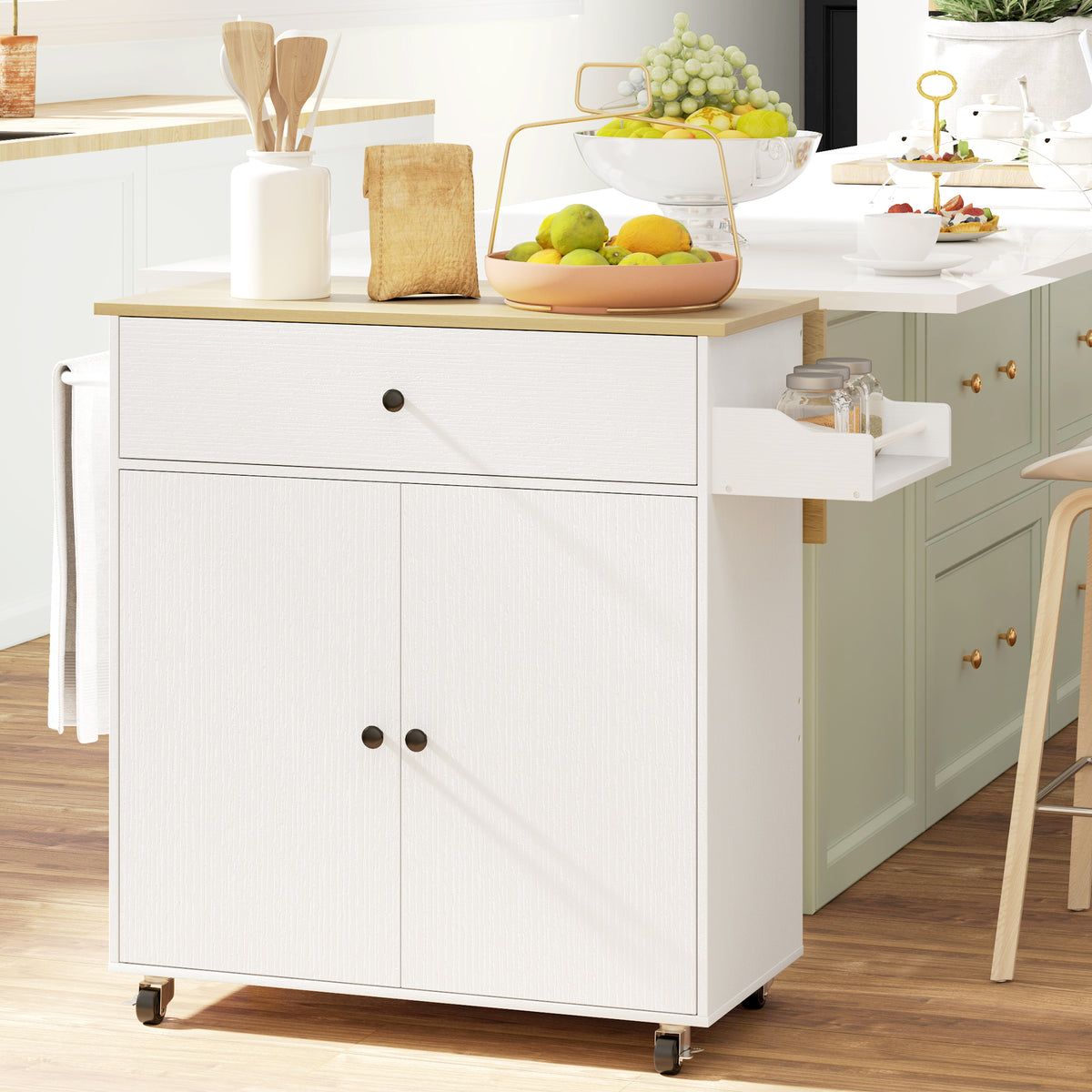 HOMCOM Kitchen Island with Drop Leaf, Rolling Kitchen Storage Trolley on Wheels with Drawer, Spice Rack and Towel Rack, White