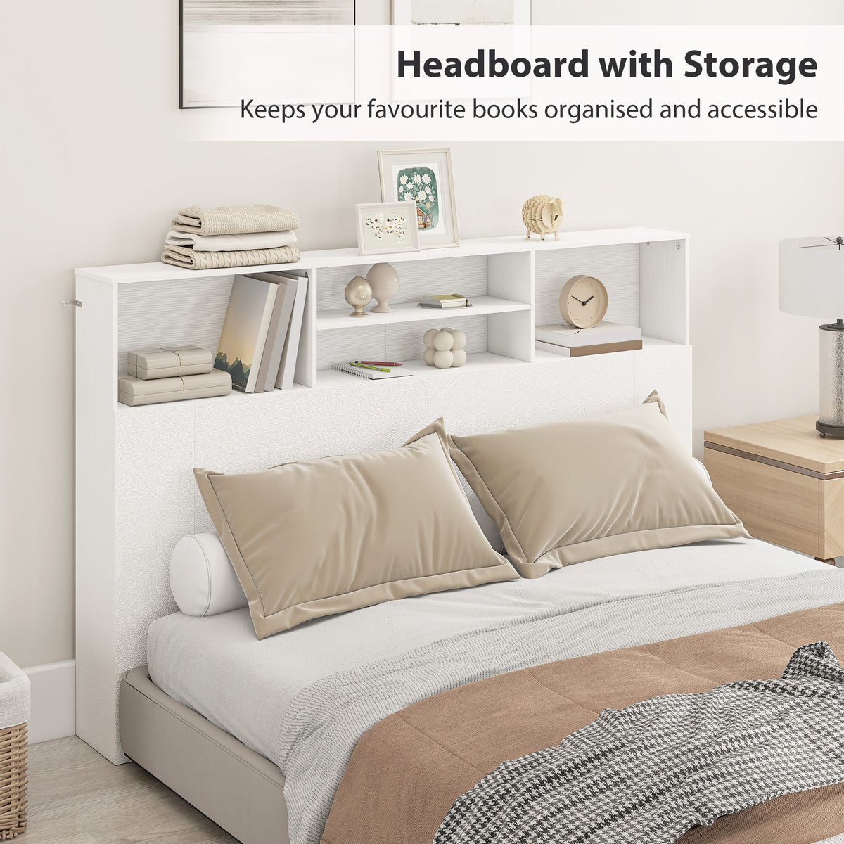 HOMCOM King-Size Headboard with Storage, Freestanding Bed Headboard with 4 Open Compartments for Bedroom, White