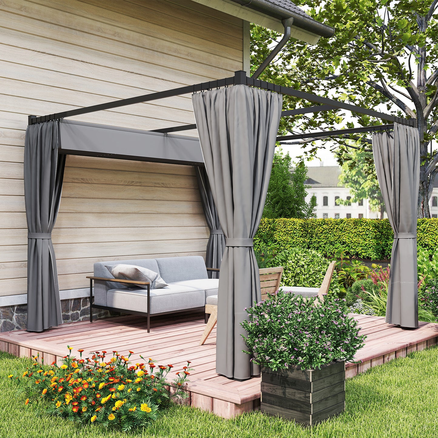 Outsunny 3 x 3(m) Pergola with Retractable Roof and Curtains, Light Grey
