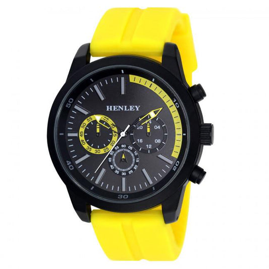 Henley Mens classy sporty Multi eye dials Large Silicone Watch Black/Yellow H02227.9