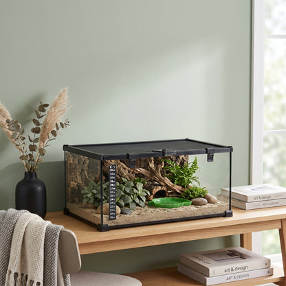 PawHut Glass Reptile Terrarium Insect Breeding Tank Vivarium Habitats with Thermometer for Lizards, Horned Frogs, Snakes, Spiders - Medium 50 x 30 x 25cm