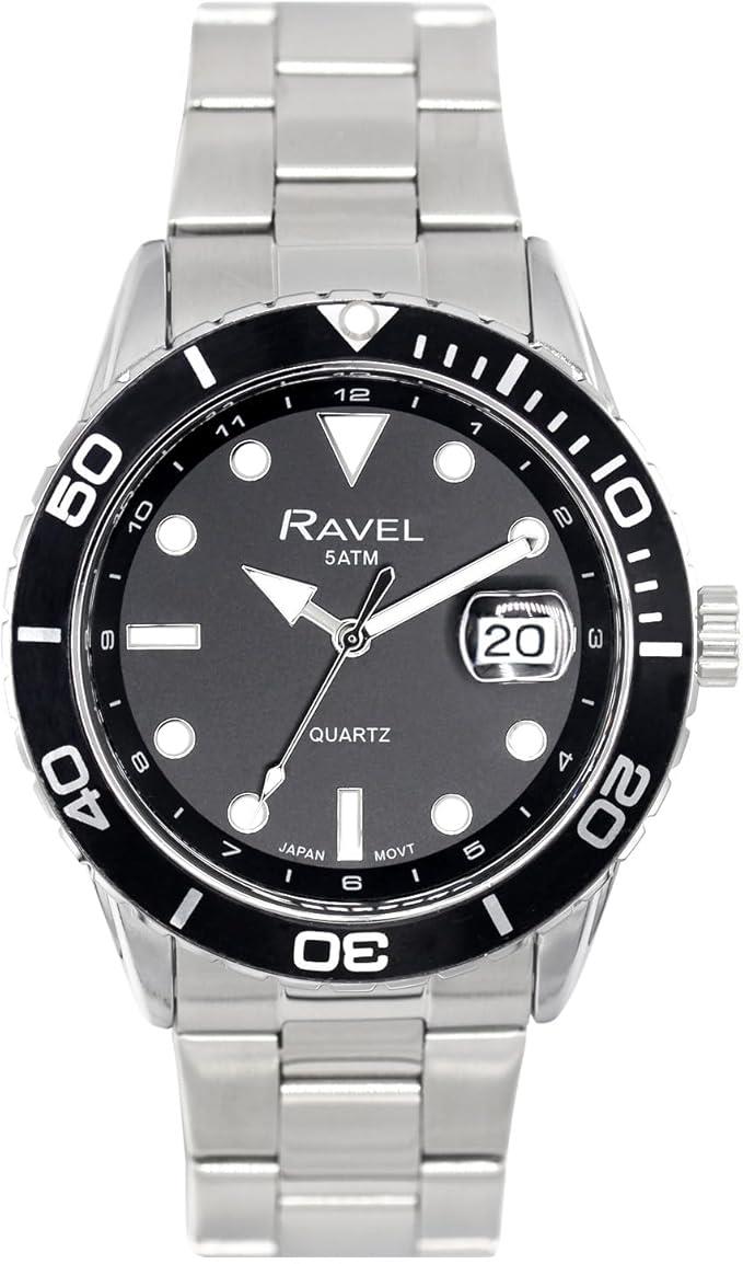 Ravel Mens Fashion Sports 42mm Round 5ATM Dated Dial Uni-Directional Bezel Silver Plated Bracelet Watch RPD-MB