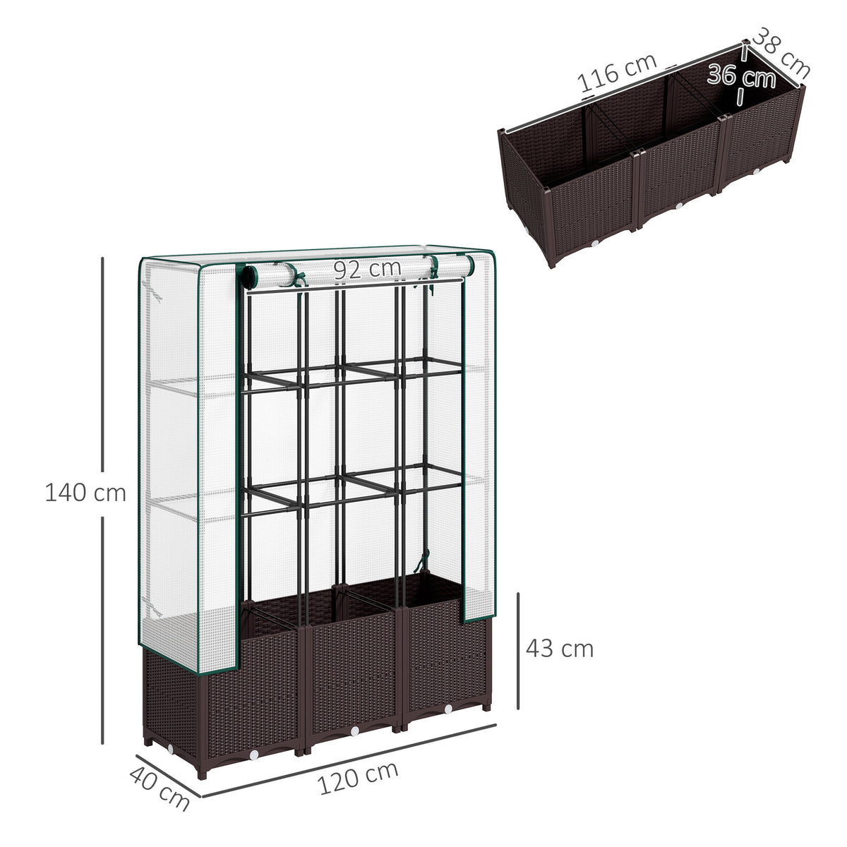 Outsunny Raised Garden Bed with Trellis, Plastic Planter Box with PE Cover, Drainage Holes, Drain Plugs and Water Reservoirs for Climbing Plants, Vegetables, Flowers, 120 x 40 x 140 cm