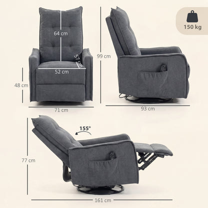 HOMCOM Recliner Armchair, Chenille Recliner Chair with Massage and Heat, 360° Swivel Rocking Manual Recliner, Dark Grey