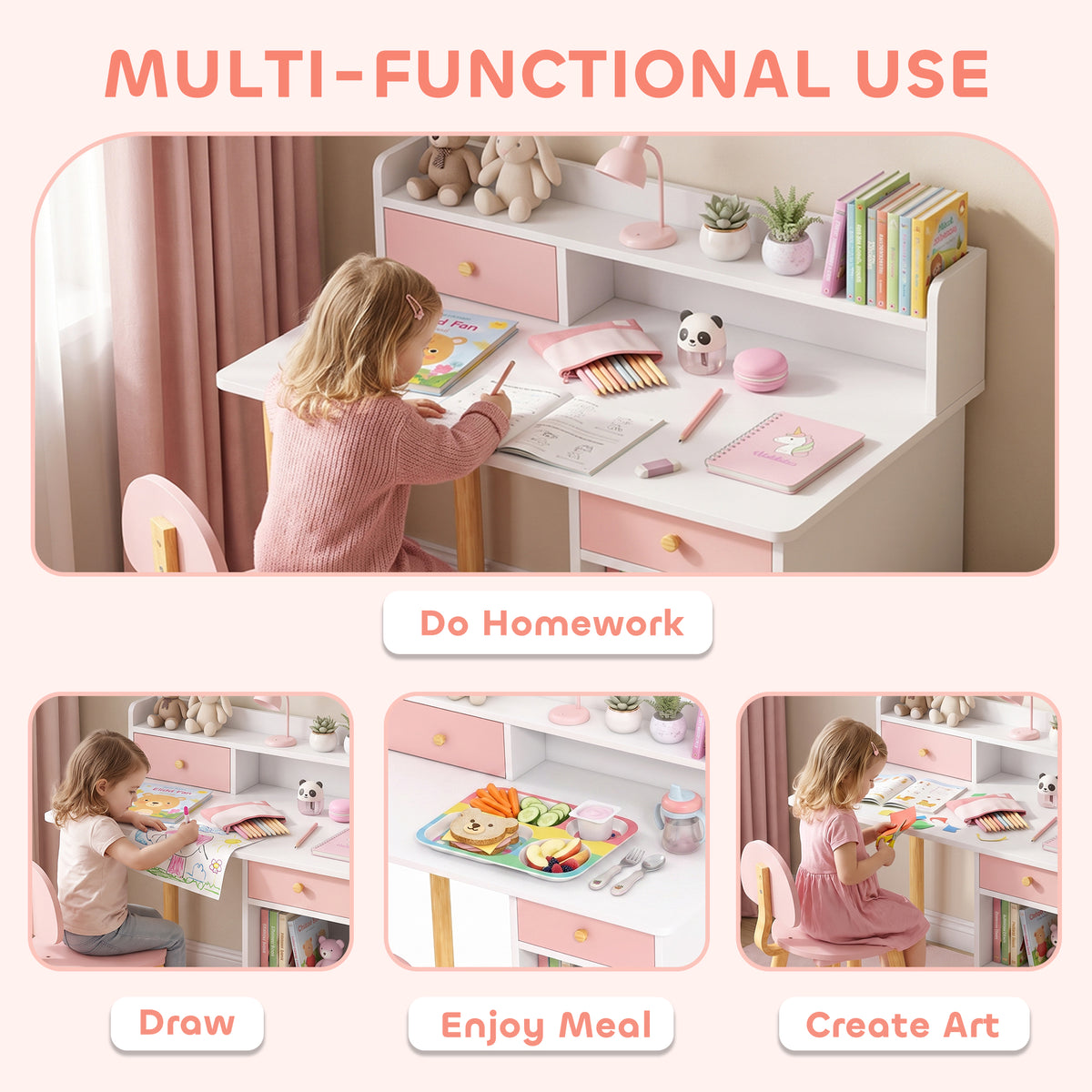 AIYAPLAY 2 Pieces Children Study Table with Hutch, Kids Desk and Chair Set with Storage, Drawer, Shelves, Pink