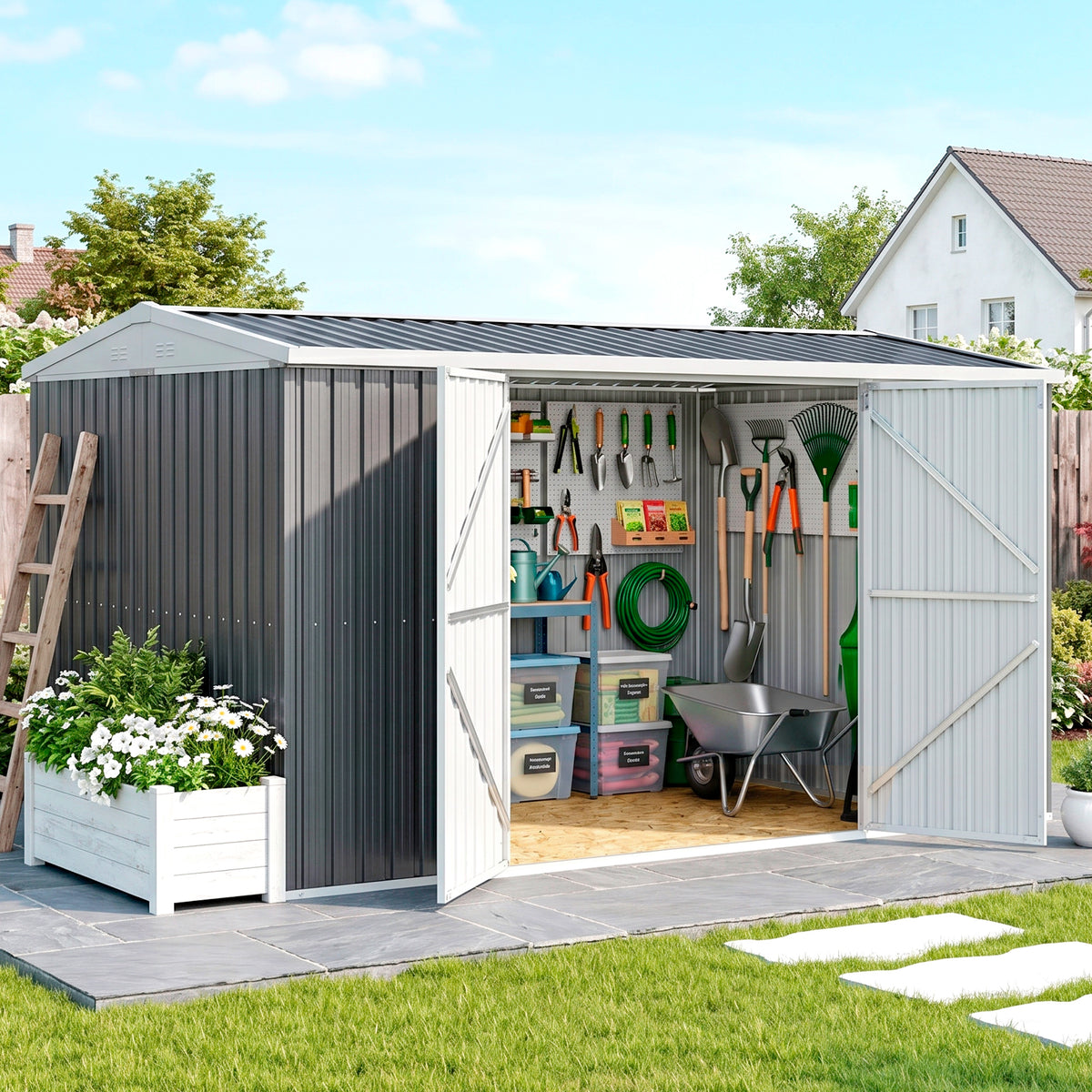Outsunny 14 x 8ft Outdoor Garden Metal Storage Shed with Lockable Door, Tool Storage Box for Garden, Patio and Lawn, Grey
