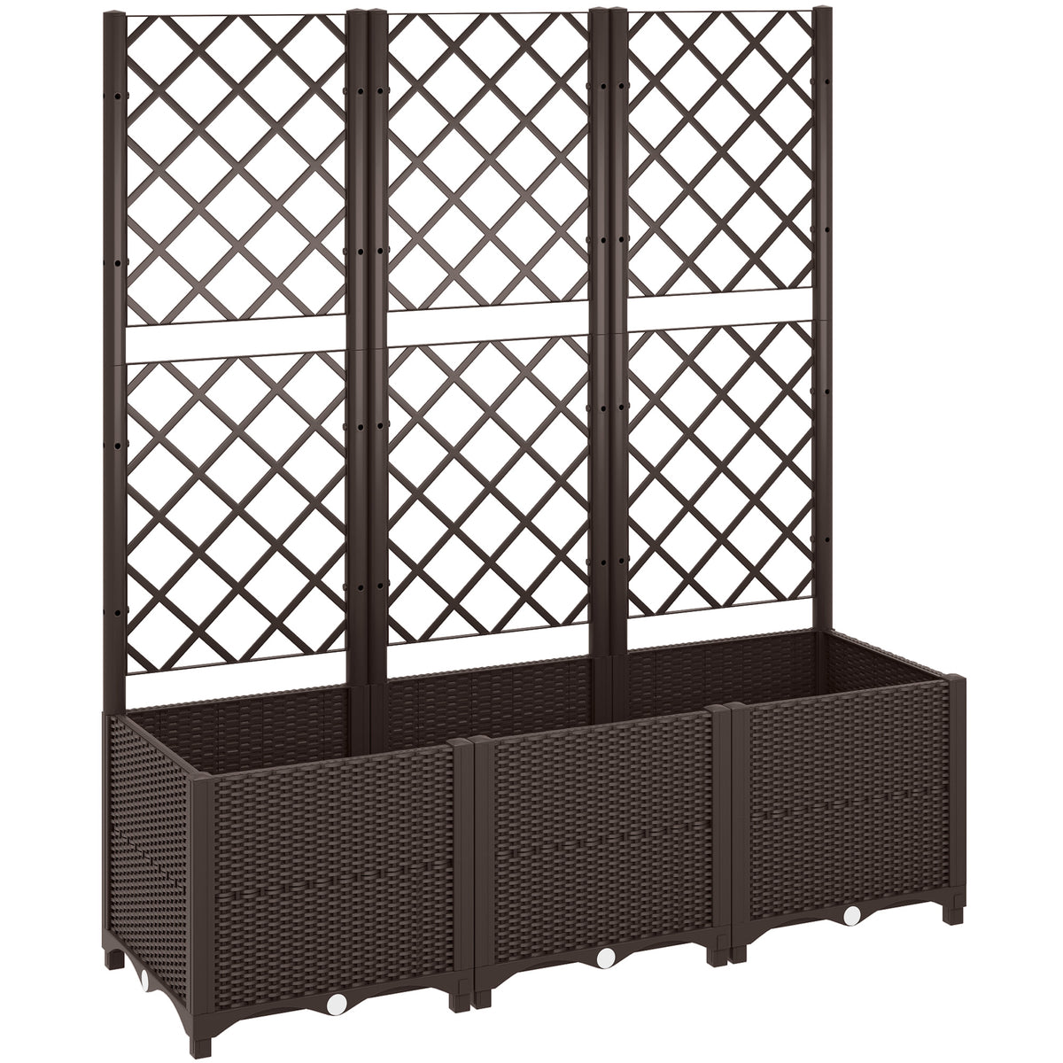 Outsunny Raised Garden Bed with Trellis, Plastic Planter Box with Drainage Holes, Drain Plugs and Water Reservoirs for Climbing Plants, Vegetables, Flowers, Brown