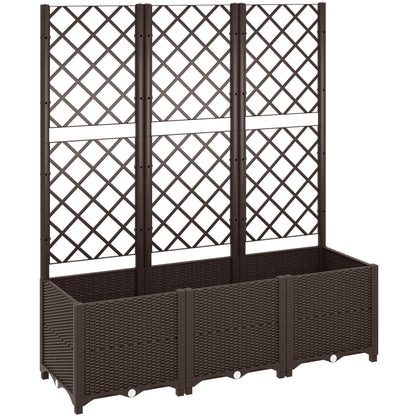 Outsunny Raised Garden Bed with Trellis, Plastic Planter Box with Drainage Holes, Drain Plugs and Water Reservoirs for Climbing Plants, Vegetables, Flowers, Brown