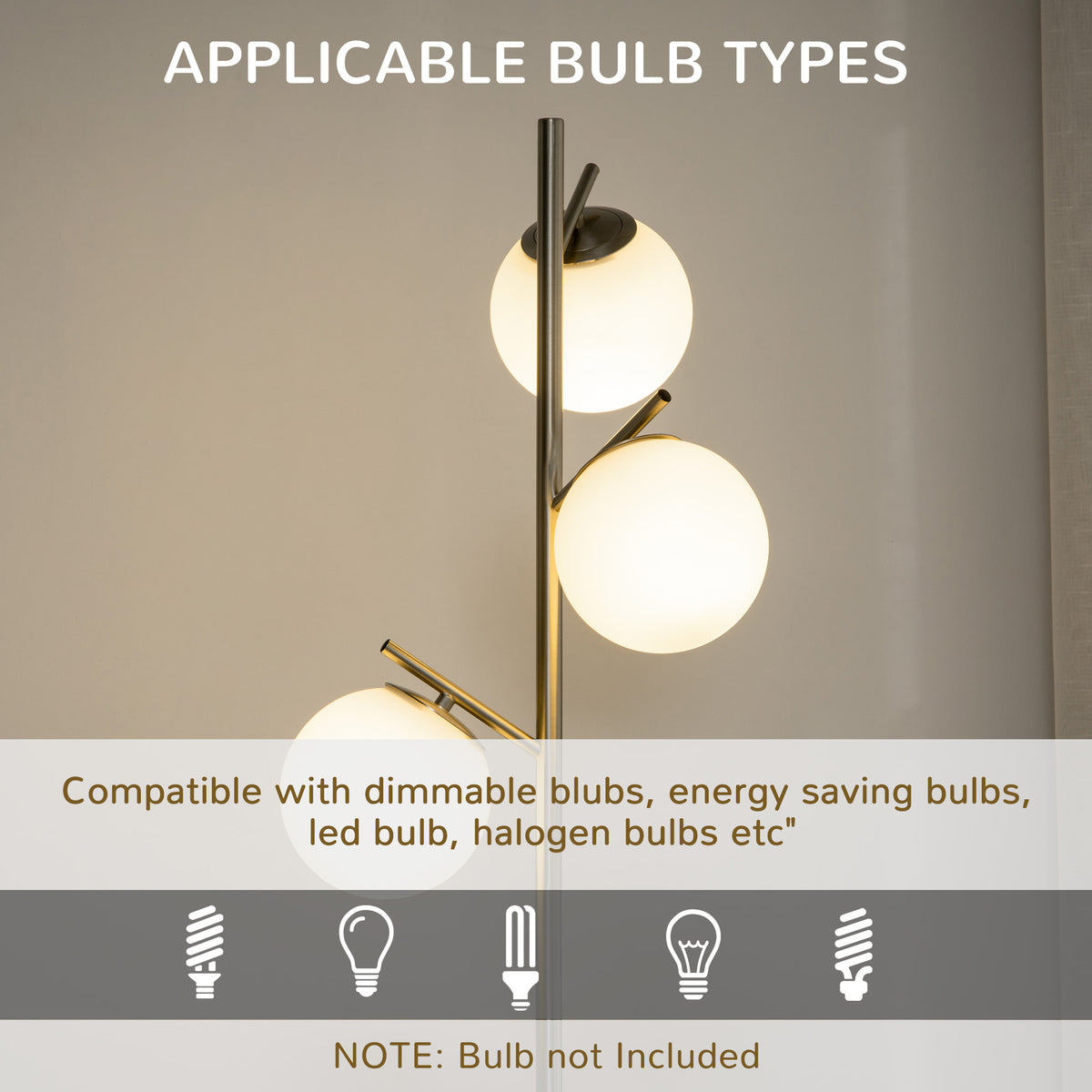 HOMCOM 3-Light Tree Floor Lamps for Living Room, Modern Standing Lamp for Bedroom with Globe Lampshade, Steel Base, Bulb not Included, Silver Tone