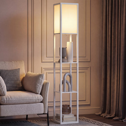 HOMCOM 3-Tier Floor Lamp with Shelves and Storage, Modern Corner Standing Lamp with Lampshade, Foot Switch for Living Room, Bedroom, Home Office, Bulb not Included, White
