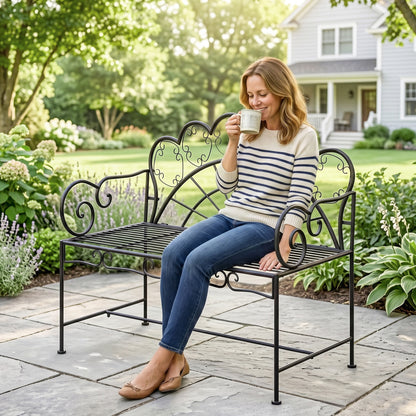 Outsunny Metal Garden Bench Loveseat with Slatted Seat, Black
