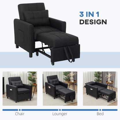 HOMCOM 3-In-1 Linen-Look Single Chair Bed with 11cm Thick Adjustable Back & Eucalyptus Wood Sofa Frame - Black