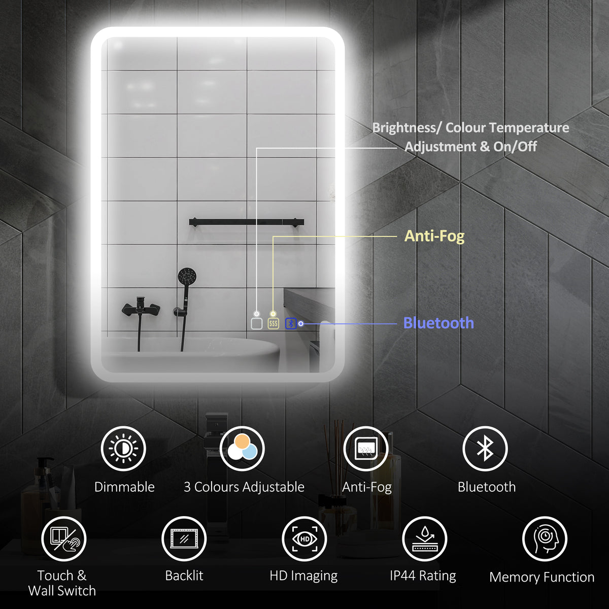 HOMCOM 70 x 50cm LED Bathroom Mirror, with Bluetooth - Silver Tone