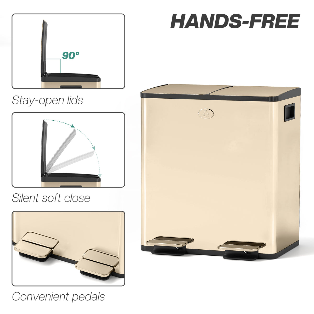 HOMCOM 40L Dual Compartment Stainless Steel Bin, with Deodoriser Holders - Gold Tone