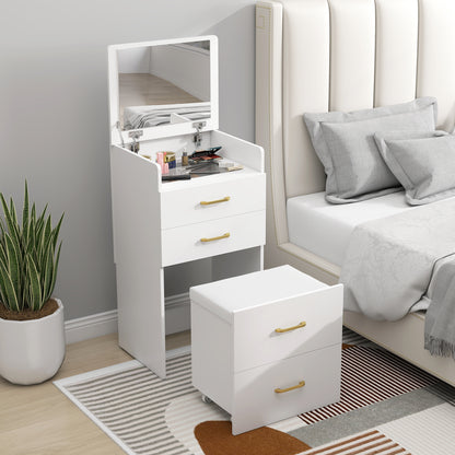 HOMCOM Compact Dressing Table and Stool Set, with Storage - White
