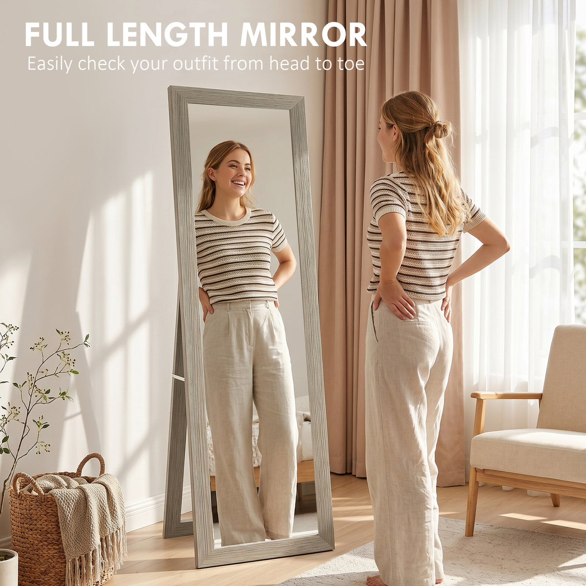 HOMCOM Full Length Mirror, 37 x 157 cm, Hanging or Freestanding, Rectangular Full Body Mirror for Living Room, Bedroom, Grey