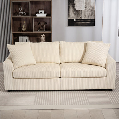 HOMCOM 3 Seater Sofa, 212cm Corduroy Couch with Spring Cushion, Wide and Deep Seat, Plush Backrest, 2 Pillows, Sofa Settee for Living Room, Home Office, Cream White