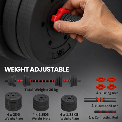 HOMCOM 20kg 2 IN 1 Adjustable Dumbbells Weight Set, Dumbbell Hand Weight Barbell for Body Fitness, Lifting Training for Home, Office, Gym, Black