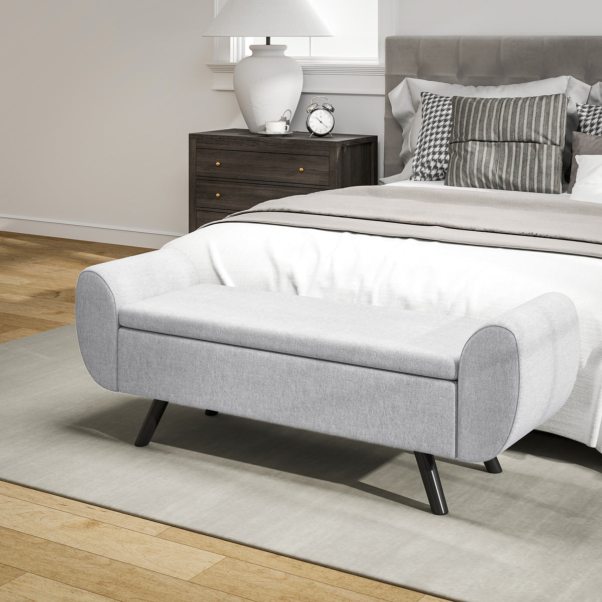 HOMCOM Storage Ottoman with Armrest, Window Seat, Upholstered Linen Storage Bench with Rubberwood Legs, Footstool for Bedroom Living Room, Hallway, Light Grey