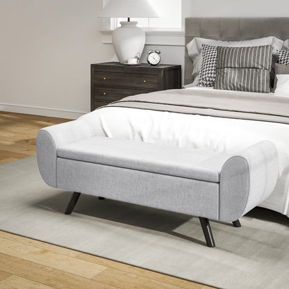 HOMCOM Storage Ottoman with Armrest, Window Seat, Upholstered Linen Storage Bench with Rubberwood Legs, Footstool for Bedroom Living Room, Hallway, Light Grey