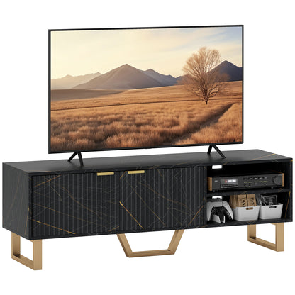 HOMCOM Marble Effect TV Unit, Modern TV Stand Cabinet for up to 70" TVs, with Shelves and Storage Cupboard, Fluted Door, Extra Centre Leg, Cable Management for Living Room, Black