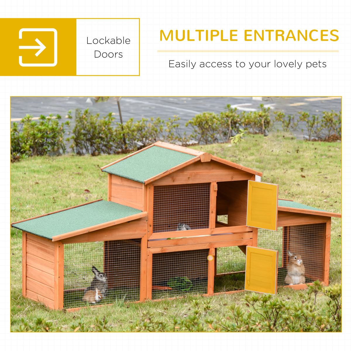 Deluxe Fir Wood Rabbit Hutch 2-Tier Metal Guinea Pig Small Animal House Pawhut