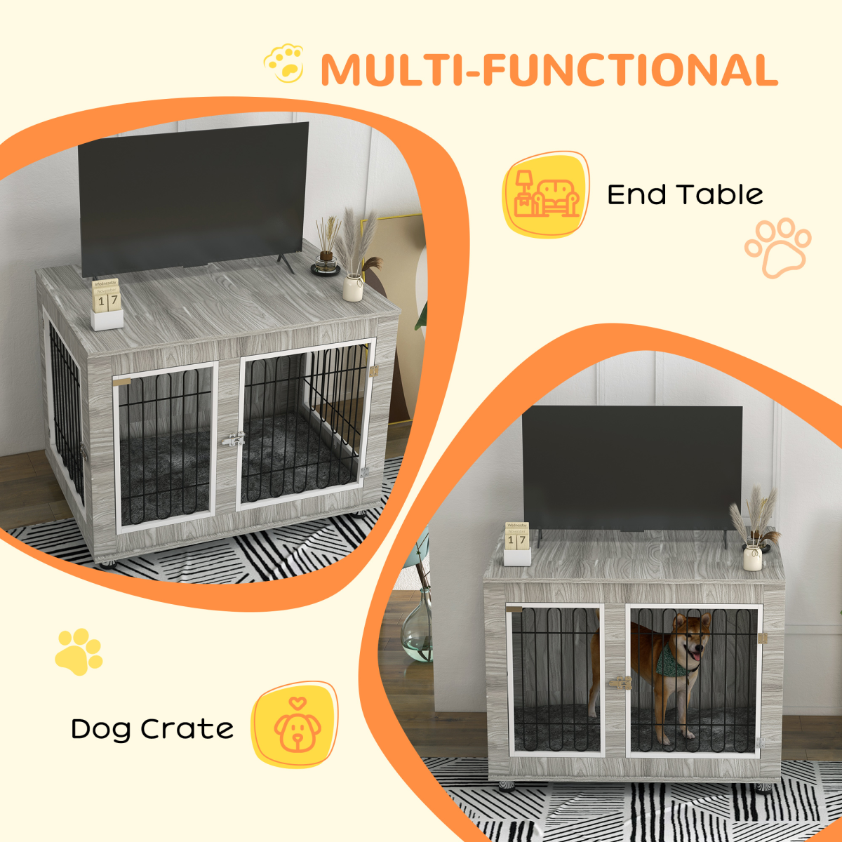 PawHut Dog Crate Furniture, Dog Crate End Table with Soft Cushion, Double Door