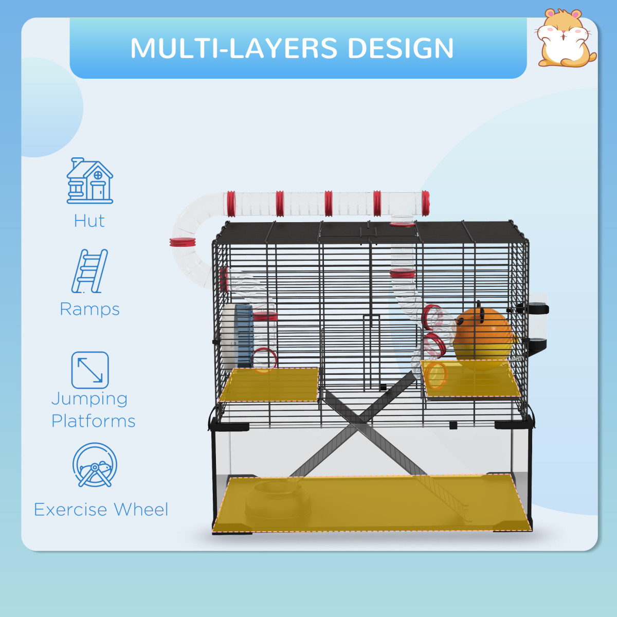 PawHut Hamster Cage w/ Tubes, Ramps, Platforms, Hut, 60 x 40 x 57cm