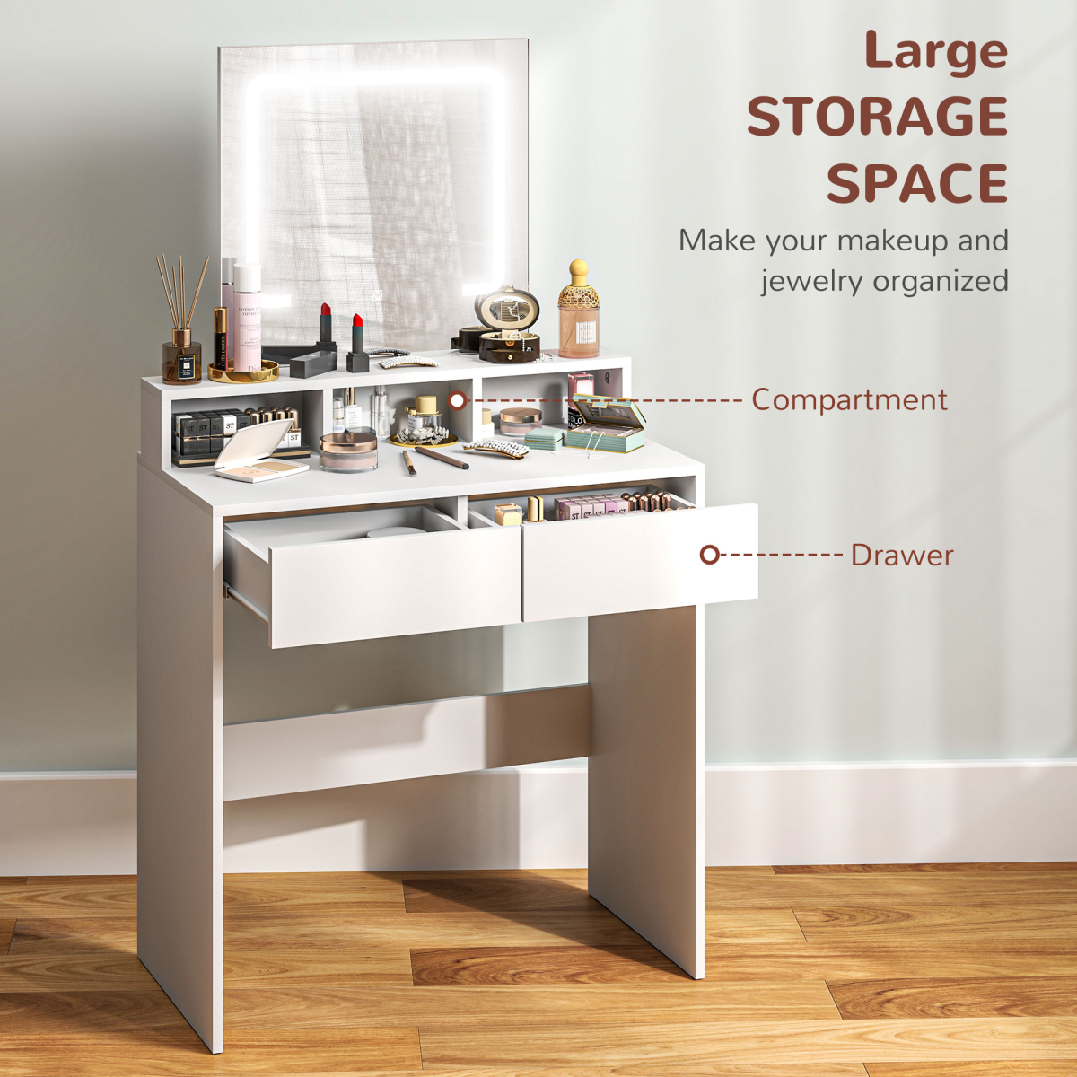 HOMCOM Dressing Table with Mirror, LED Lights, Drawers, for Bedroom, White