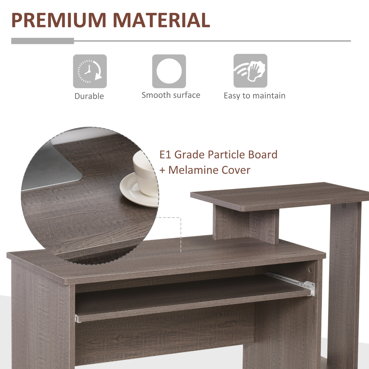 Computer Desk with Sliding Keyboard Tray Storage Drawer Shelf  Grey