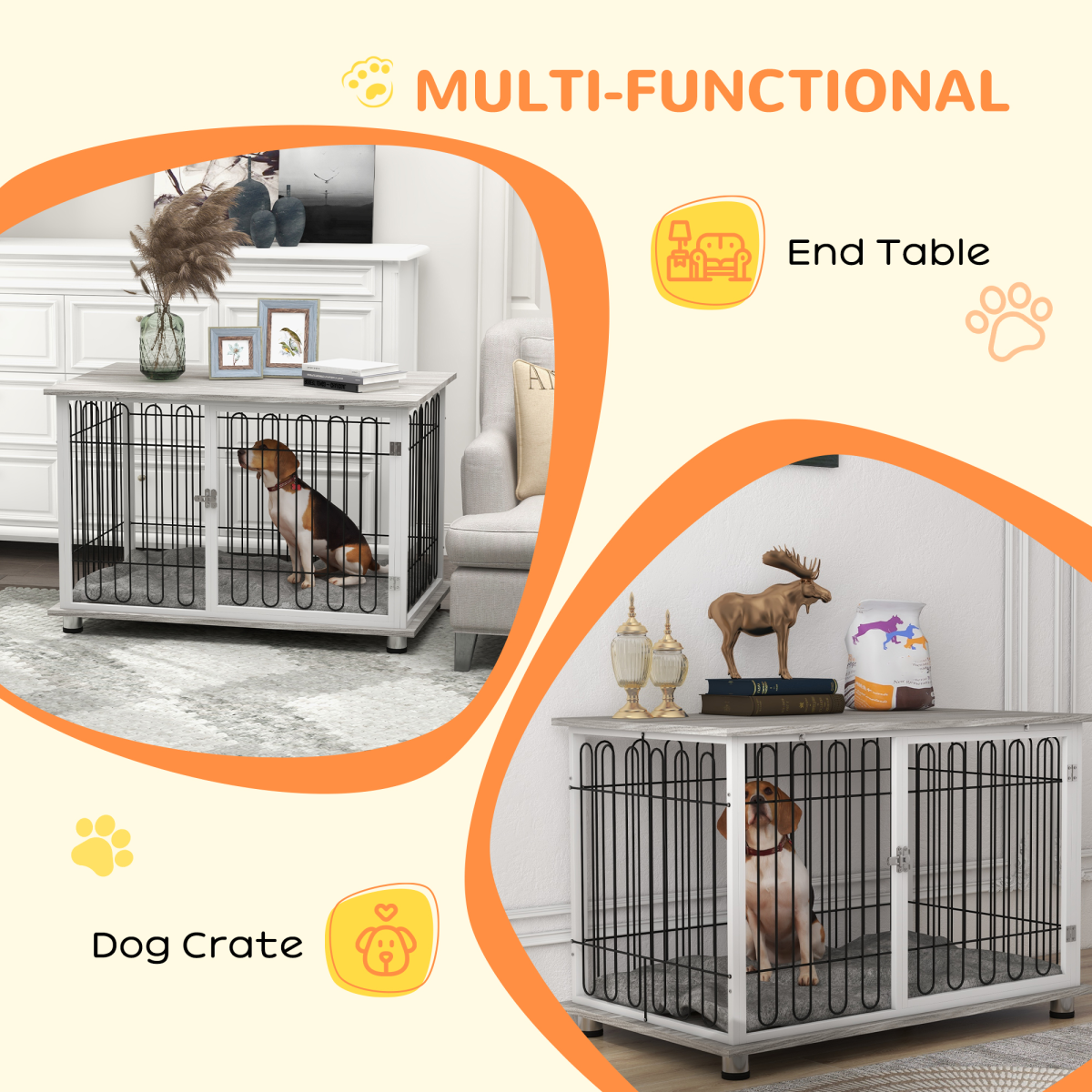 PawHut Dog Crate Furniture End Table with Soft Washable Cushion, Lockable Door