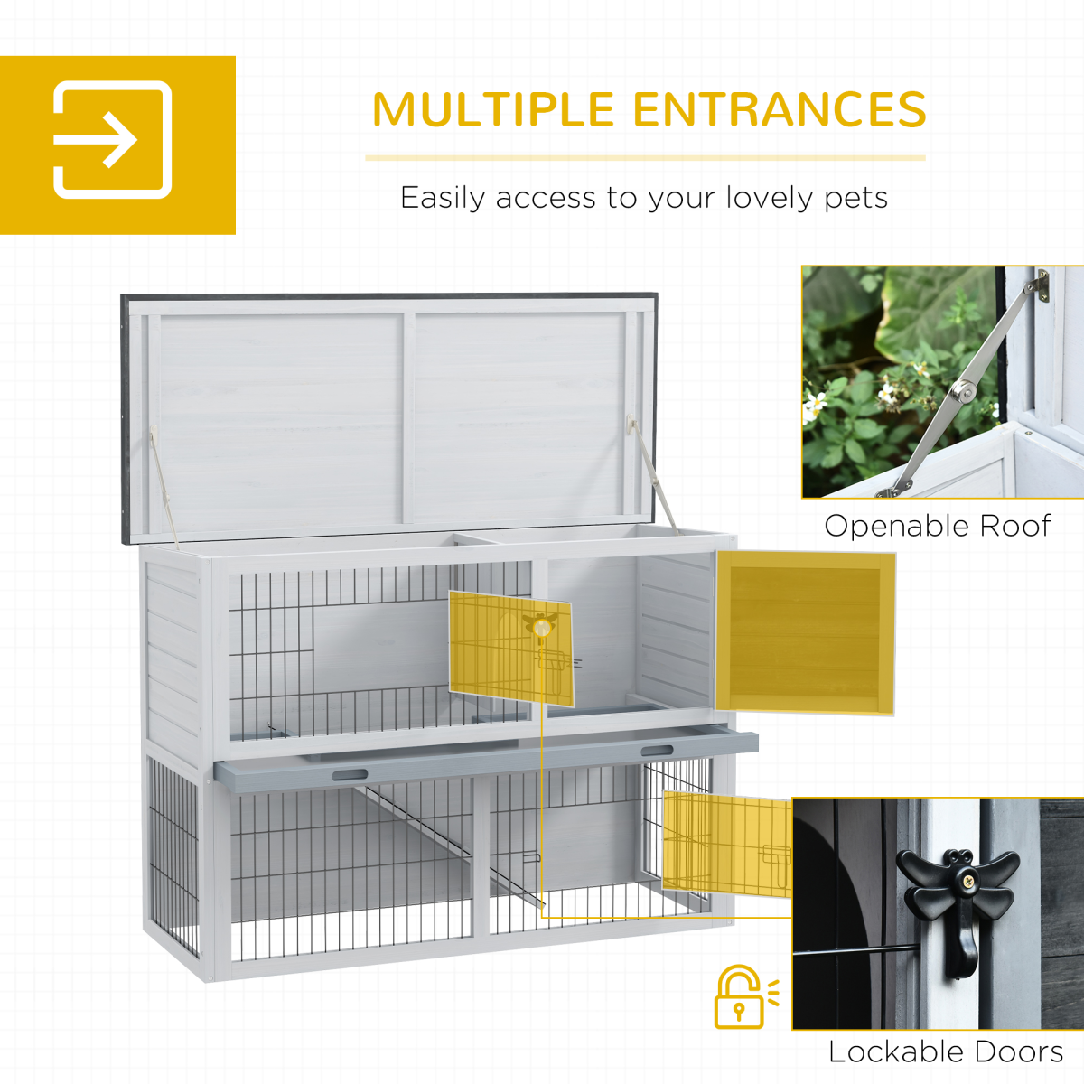Rabbit Hutch and Run w/ Removable Tray Openable Top for Indoors & Outdoors Grey