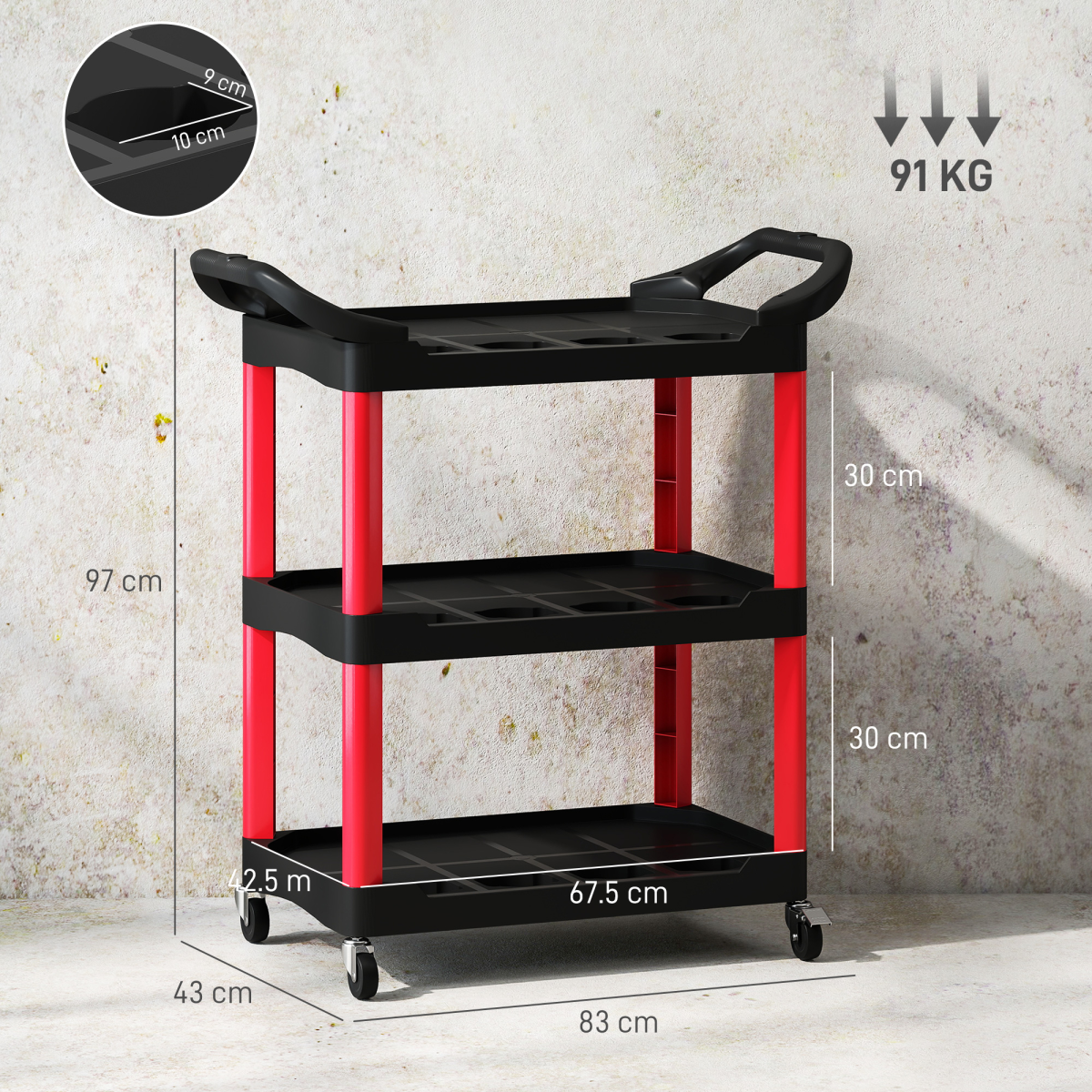 HOMCOM 3-Tier Rolling Tool Cart, Tool Trolley on Wheels for Garage, Black