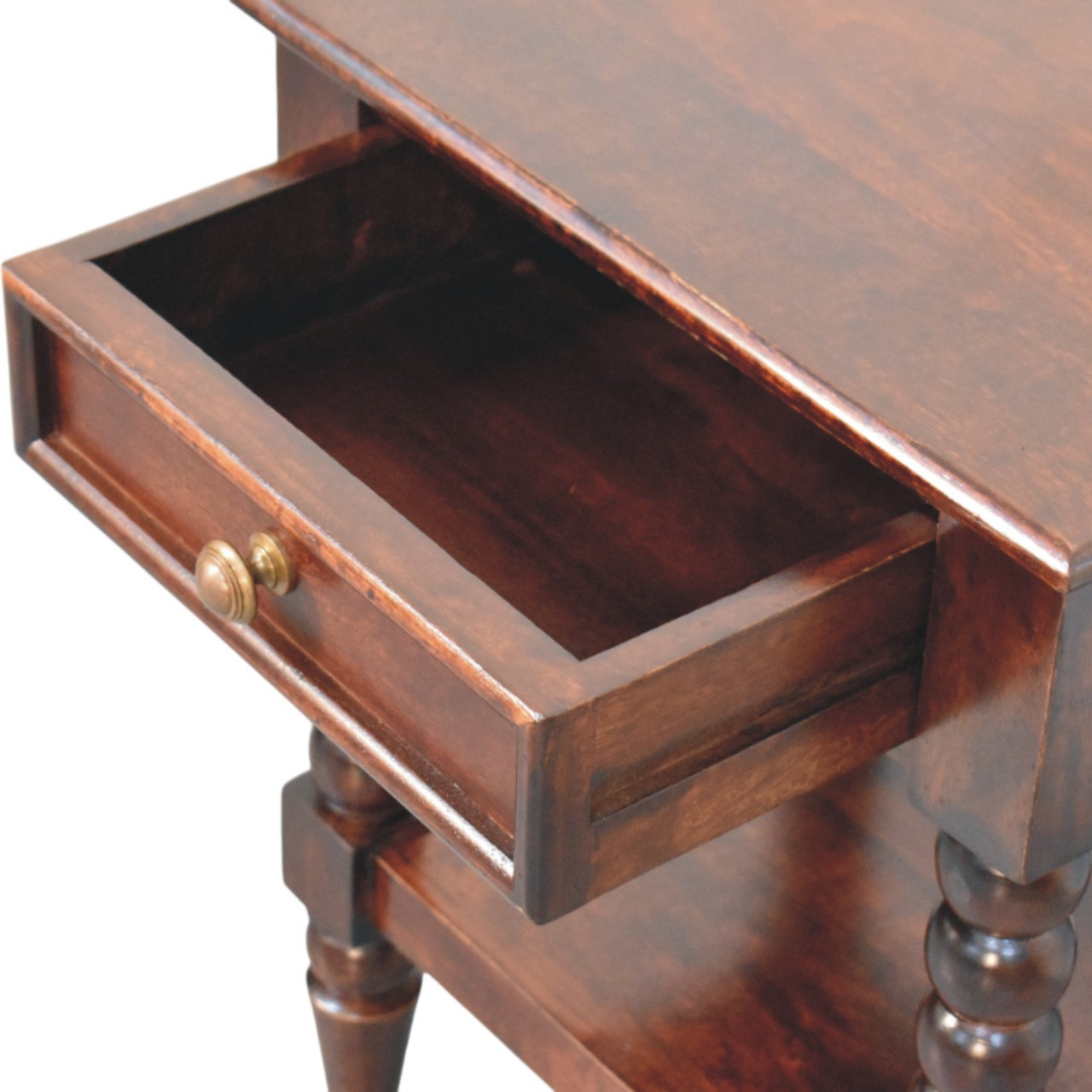Artisan Furniture Solid Wood Vienna Nightstand, Drawer And Open Shelf, Dark Brown