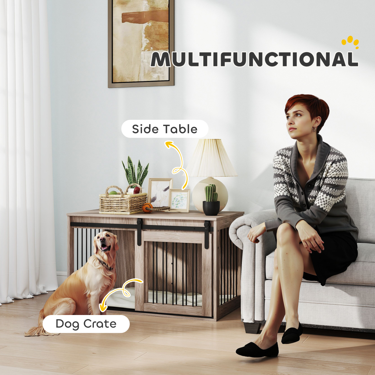 PawHut Dog Crate Furniture with Removable Cushion for Large Dogs - Brown