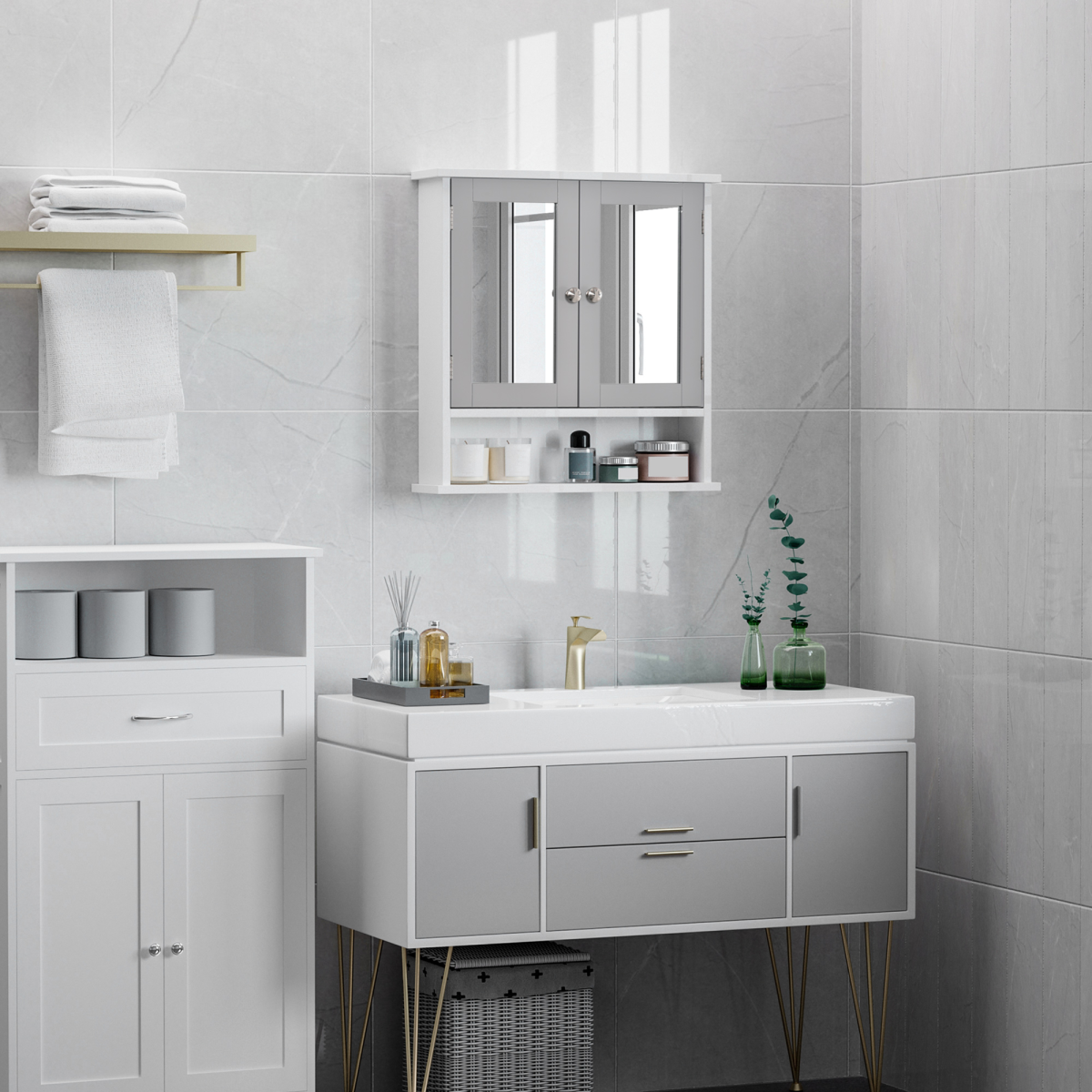 Mirror Cabinet Wall Mounted with Double Mirrored Doors, Hanging Cabinet, Grey