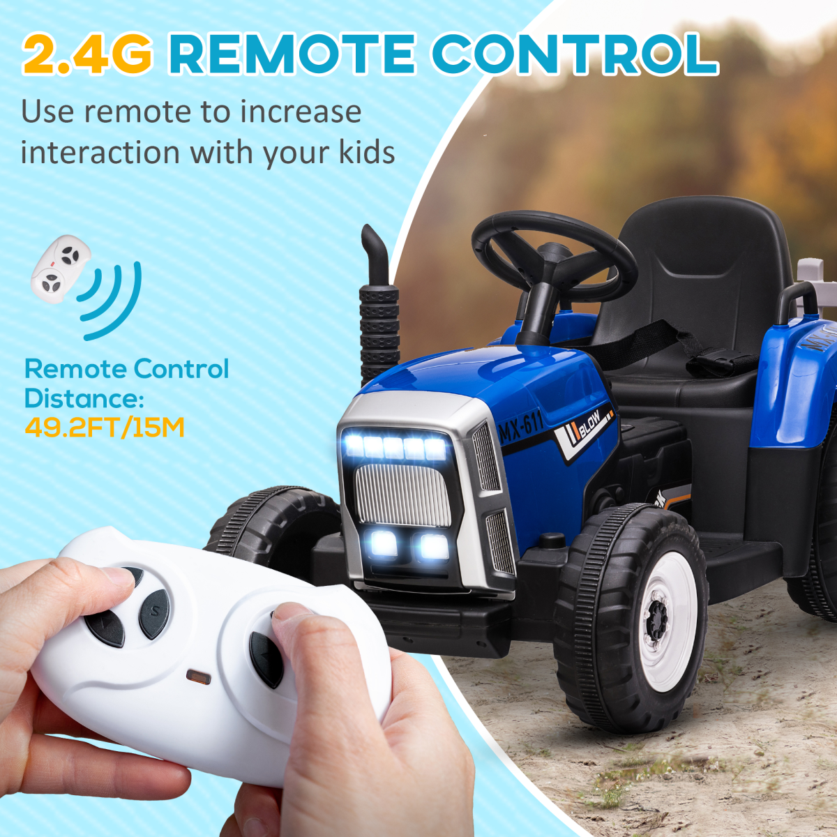 HOMCOM Ride on Tractor with Detachable Trailer, Remote Control, Music - Blue