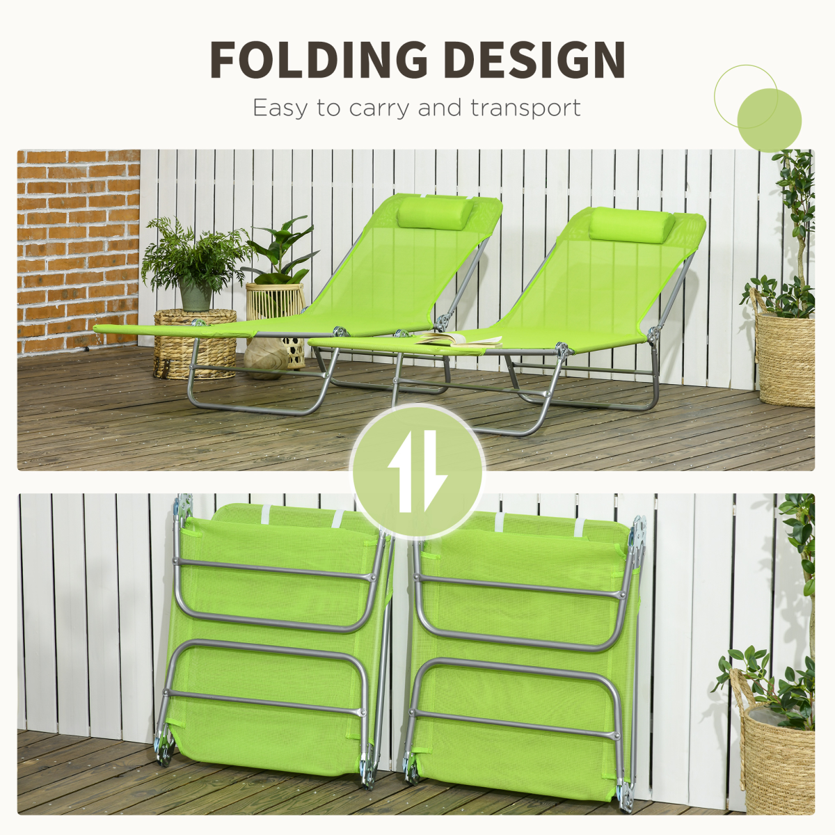Outsunny 2 Piece Folding Sun Loungers with Adjustable Backrest, Pillow, Green