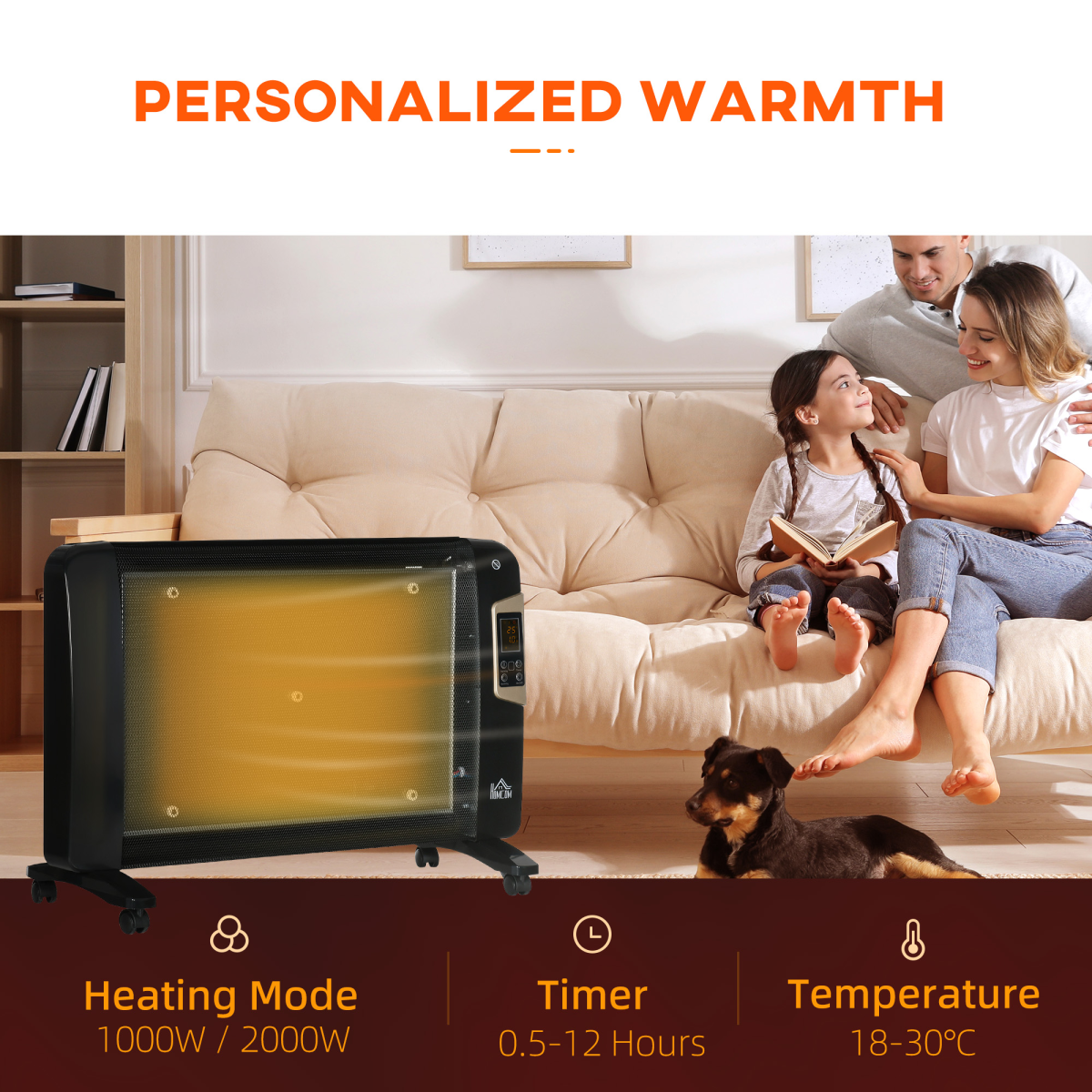 Electric Space Heater, Adjustable Temperature 15-40C, 1000W/2000W, Black