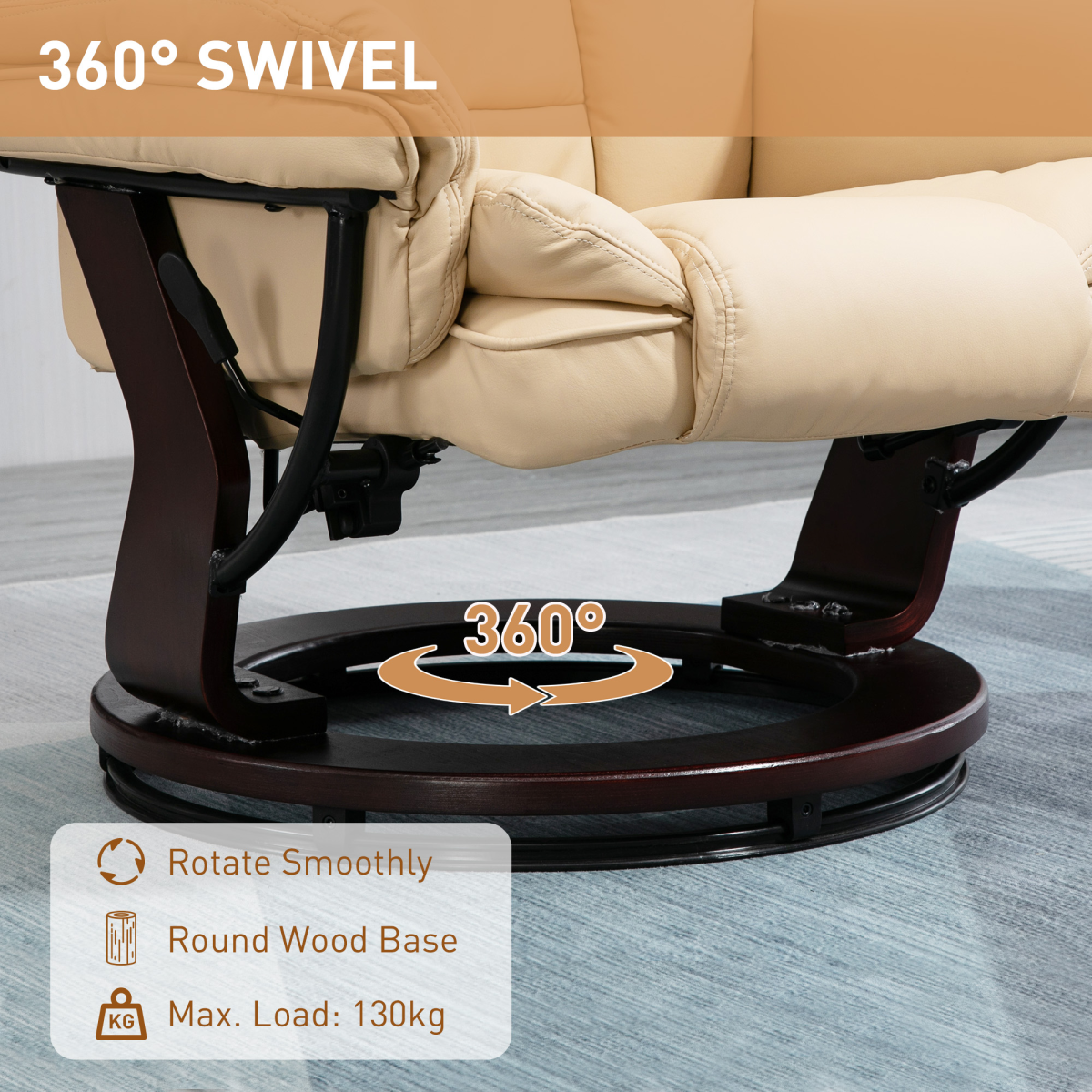 HOMCOM Swivel Manual Recliner and Footrest Set PU Leather Lounge Chair Beige