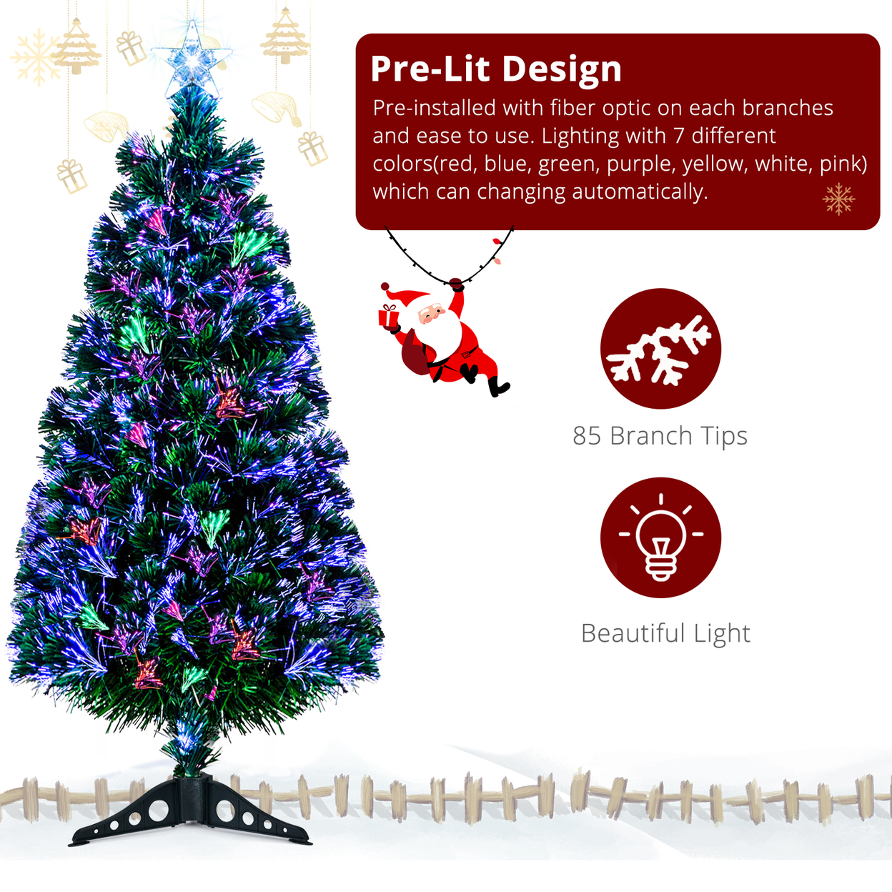 FCH 3ft Top With Stars Plastic Base PVC Material Optical Fiber Colorful And Color-Changing 85 Branches Christmas Tree White