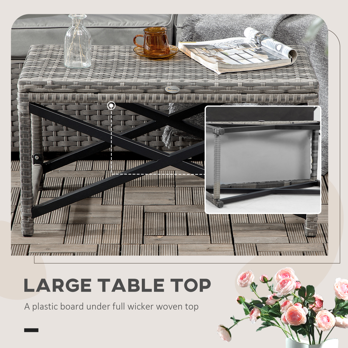 PE Wicker Outdoor Coffee Table w/ Plastic Board Under the Full Woven Table Top