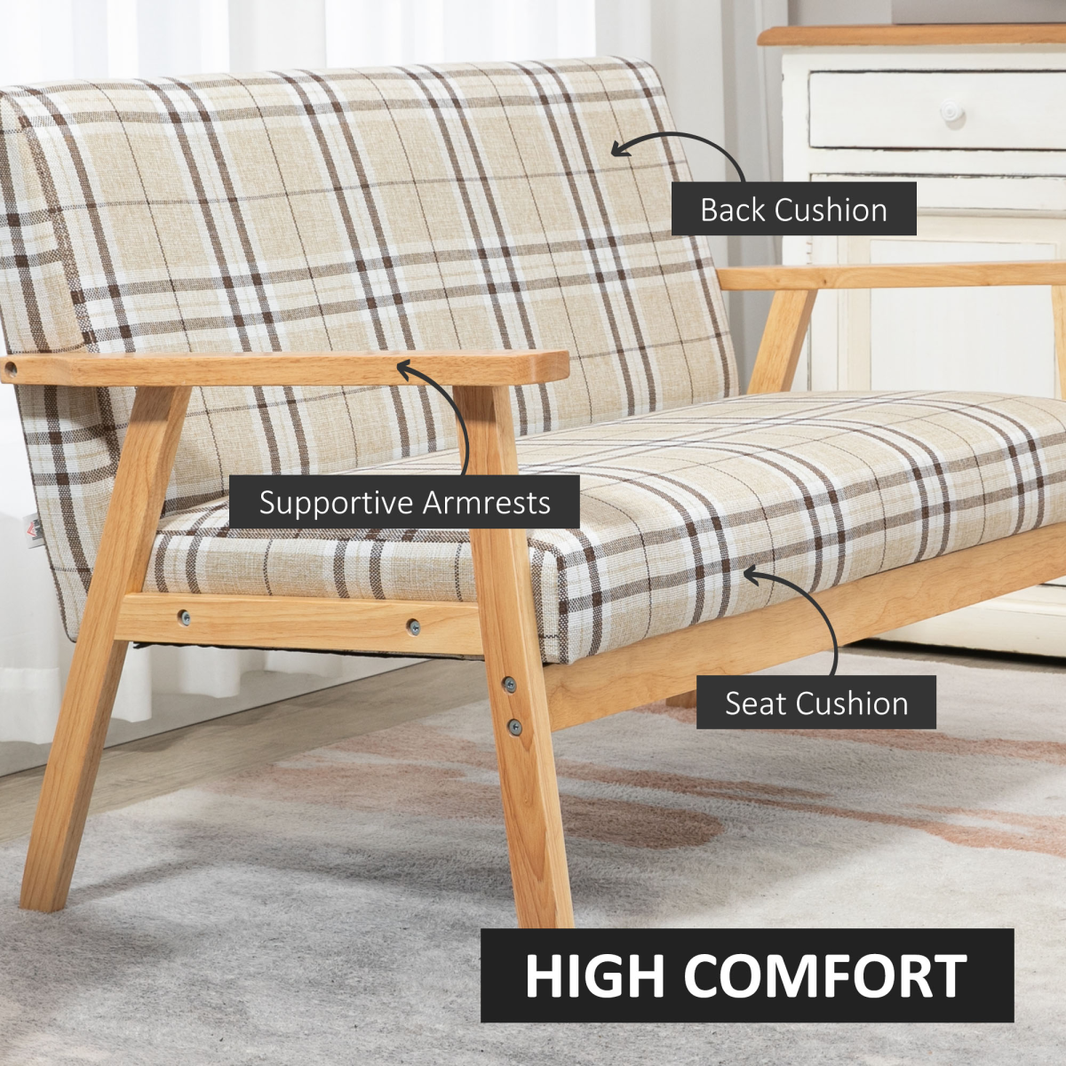 2 Seater Sofa with Rubber Wood Frame Linen Fabric Love Seat Small Couch